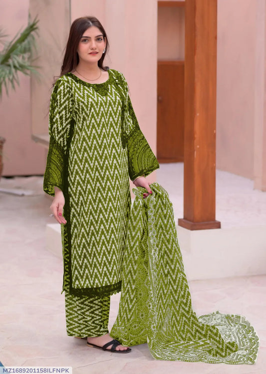 3 Pcs Women's Stitched Dobby Lawn Printed Suit