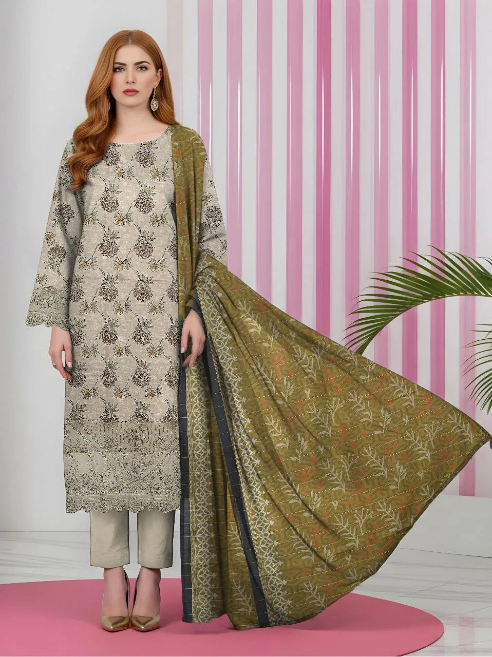 3-Piece Printed Khaddar Suit for Women Wedding Party Wear