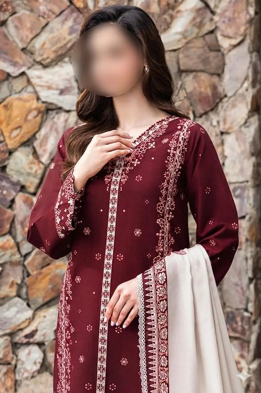 3 Pcs Women's Unstitched Embroidered Suit