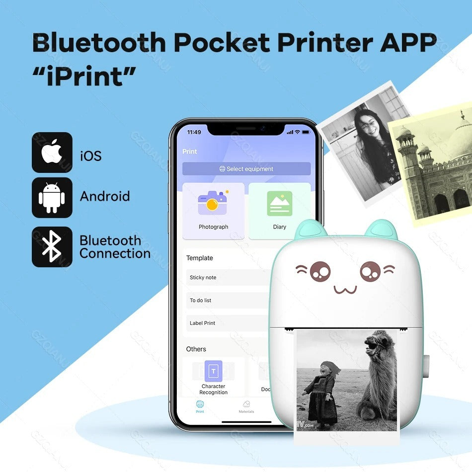 Pocket Inkless Mini Printer - Thermal Portable Bluetooth Wireless Mini Printer For Kids - For Photo, Picture, Office Receipt, Label Note, QR Code - Compatible With IOS & Android